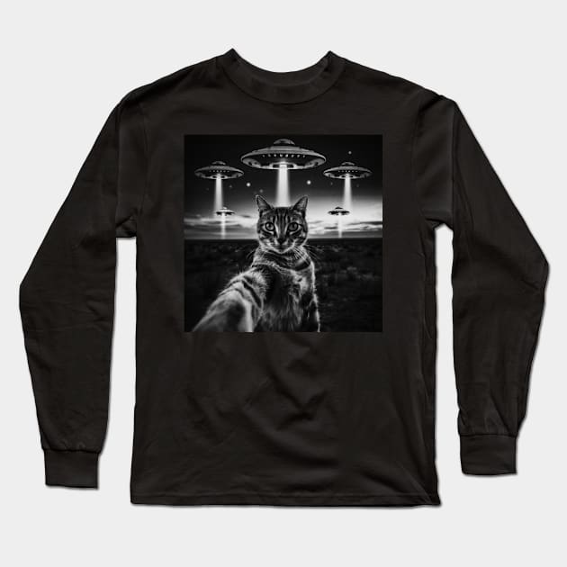 Selfie of Funny Cat And Aliens UFO Long Sleeve T-Shirt by Megadorim